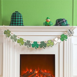 Cinnvoice 84 Inches Rustic Wooden St. Patrick's Day Wood Bead Garland Vintage Shamrocks Banner Farmhouse St. Patrick's Day Decor Irish Hanging Bunting Garland for Home Mantel Wall Decor