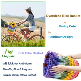 Bike Basket- Large Deep Bike Basket for Kids & Adults, Pretty Cute Hand-Woven Rainbow Boys Girls Bike Basket Front, Kids Scooter Adults Cruiser Bike Basket,Oversized Bike Basket,9 * 7.5inch