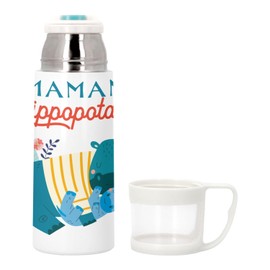 Stainless Steel Thermos Flask with Integrated Cup - Mother Hippo and Her Baby Drawing - 350ml - Thermos Flask