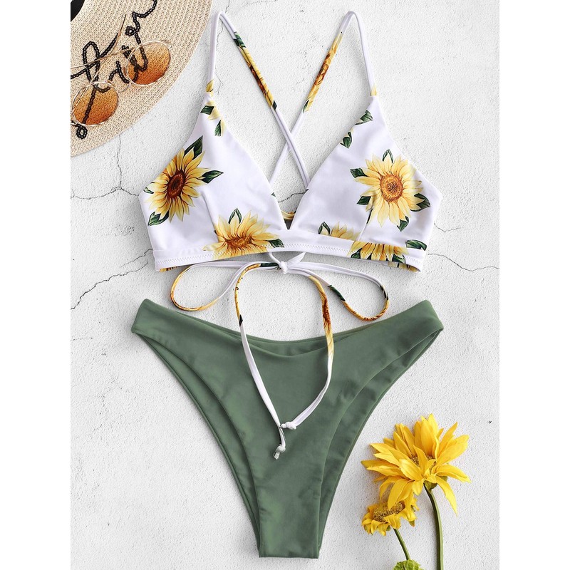 Zaful 2-Piece Bikini Set with Sunflower Print, Women’s Push-Up Padded