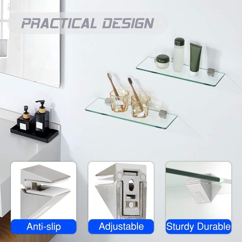 Mooche Glass Shelf Bracket Adjustable Shower Brackets Brushed, 2 Pack