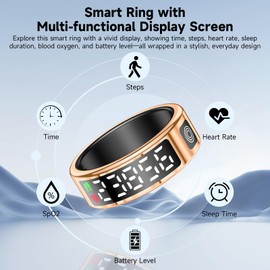 Smart Ring with Display - Fitness Tracker, Heart Rate Monitor, Sleep Tracker, Step Counter, Gesture Control for TikTok & Camera - IP68 Waterproof, Extended Battery Life Gold #08