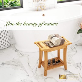 Unibambou Bamboo Shower Bench with Storage Shelf, Wooden Spa Bath Deluxe Organizer Shower Stool for Inside Shower, Bathroom Bench Seat for Adults Elderly Seniors for Indoor or Outdoor Use