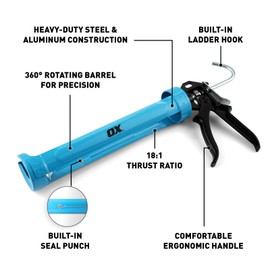 OX Pro 29 Ounce Heavy Duty Caulk Gun - 18:1 Thrust Ratio 360-Degree Rotating Barrel Caulking Gun - Steel and Aluminum Construction with Ergonomic Handle Caulking Tool OX-T046502