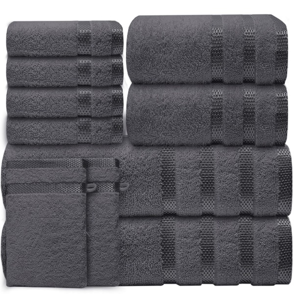 Casabella Luxury Bath Towel Set- 10 Piece Towels for Bathroom 100% Cotton-2 Bath Towels, 2 Hand Towels, 4 Face cloth & 2 Body Wash Gloves Highly Absorbent Hotel Quality Towel Bale Set Grey