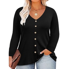 RITERA Plus Size Tops For Women Fall Button Down V Neck Loose Casual Long Sleeve Black Shirts Solid Color Oversized Blouse 2Xl 18W 20W