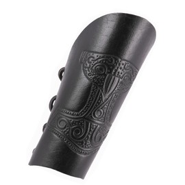Battle-Merchant Arm Sleeves Made of Leather with Embossed Thor's Hammer, Black - Arm Protectors LARP Medieval Viking Size Pair, black