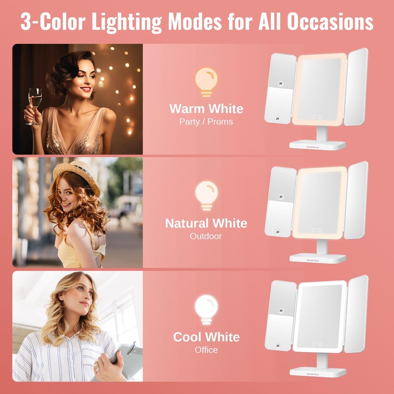 EASEHOLD Vanity Mirror with Lights, 2X 3X Magnification, Trifold, Rechargable,