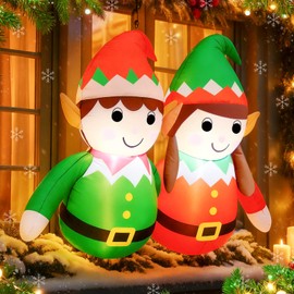 Jenaai 3 ft Christmas Inflatable Elf Lean Out Window LED Lights Outdoor