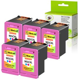 NineLeaf 5 Pack Remanufactured High-Yield Tri-Color Ink Cartridge Compatible for HP 901XL 901 XL CC656AN OfficeJet G510g J4524 J4580 J4680c J4624 J4660 J4640 J4540 Printers