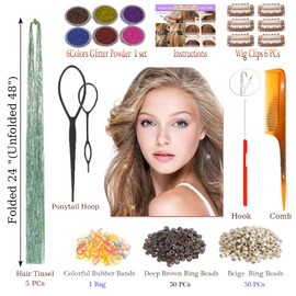 CelineBella Green Hair Tinsel Fairy Hair Extensions Kit Sparkling Shiny Highlights Glitter Light Green Tinsel Hair Extensions for Women Girls Children