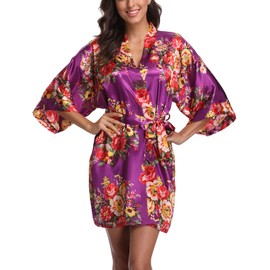 Laurel Snow Women's Floral Satin Robes Bride Bridesmaid Getting Ready Robe Short Kimono Bathrobe Sleepwear for Wedding Party