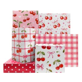 6 Sheets Cherry Bow Wrapping Paper - Not Roll -Pink Cherry Polka Dot and Plaid Design Wrap Paper Folded Flat for Valentine Birthday Baby Shower Supplies, 20 x 27 Inch