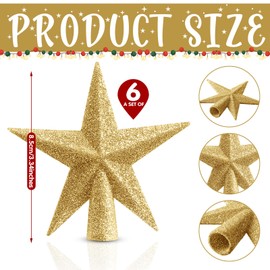 Hiboom 6 Pcs Mini Star Christmas Tree Topper 4inchx3.4inch Glittered Christmas Tree Star for Xmas Tree Party Decoration Holiday Outdoor Indoor Home Ornaments (Gold)