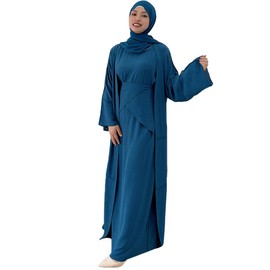 Abaya Dress For Women with Hijab Ramadan Muslim Dress Traditional Arabic Turkish Islamic Eid Kaftan Dresses Long Maxi Cardigan Ethnic Shirts Dress for Prayer Clothes Peacock Blue + Hijab L