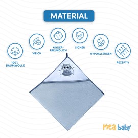 MEA BABY Towel with Hood, 100% Cotton, 100 x 100 cm, Hooded Towel for Girls and Boys, Soft and Super Absorbent Baby Towel with Hood, Grey with Owl Print