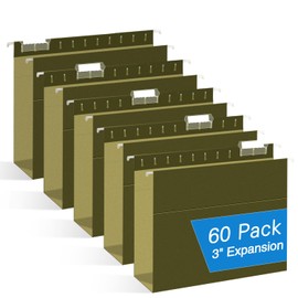 Extra Capacity Hanging File Folders, RAZCC 60 Pack Letter Size Reinforced Hanging Folders with Heavy Duty 3 Inch Expansion for Bulky Files, Filing Cabinet, Adjustable Tabs, Green