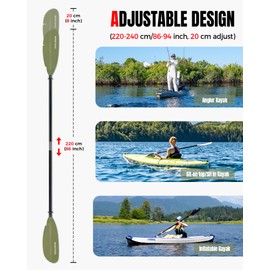WONITAGO Angler Kayak Paddle with Fiberglass Shaft and Plastic Blade, Floating Adjustable Fihsing Kayak Oar, 220-240cm/86-94 inch, Green