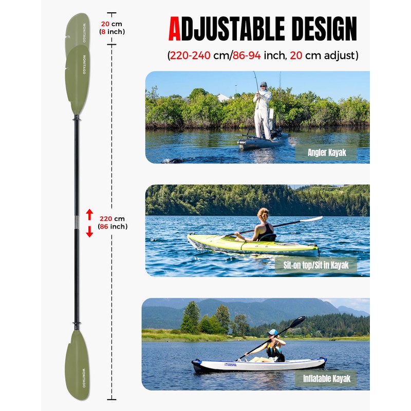 WONITAGO Angler Kayak Paddle with Fiberglass Shaft and Plastic Blade,