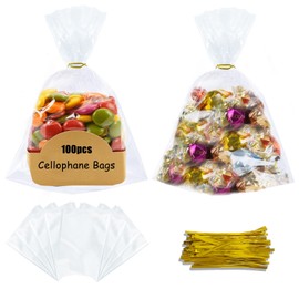 FARVIGOR Cellophane Treat Bags 100Pcs, Clear Plastic Goodie Gift Bags with Twist Ties for Party Favor, Candies, Cookies, Snacks(8 * 11in)