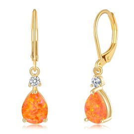 CiNily Opal Dangle Earrings for Women Leverback Drop Earrings 14K Gold Plated Orange Opal Teardrop Earrings Cubic Zircon Gemstone Drop Earrings Jewelry for Sensitive Ears