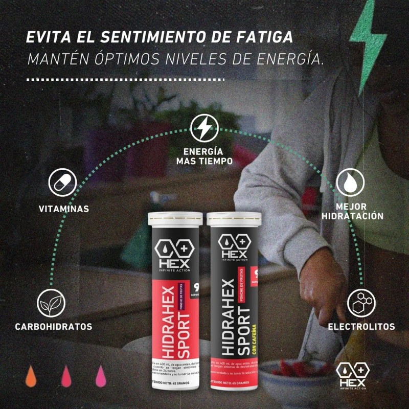 Tabletas Efervescentes Cafeína Hex, Ponche De Frutas 8 Tubos