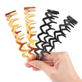 4 PCS Zig Zag Headbands, Shark Tooth Headbands, Plastic Zigzag Shark Teeth Hairbands Teeth Comb Claw Squiggly Headband for Women Girls Lady (2 Black + 2 Amber)