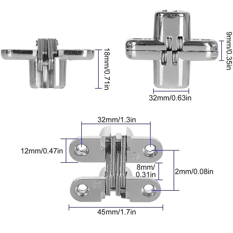 2 Pairs of 45mm Hidden Cabinet Hinge Stainless Steel Invisible