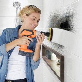 SCRUBIT Drill Brush Power Scouring Pads - Heavy Duty Tub and Tile Cleaner - Household Cleaning Kit Includes Drill Attachment, 3 Red, 3 Stiff Green Scrubber Pads