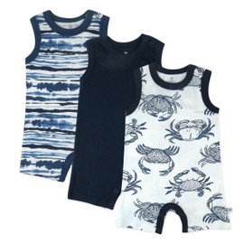 HonestBaby Multipack Short Romper Sets and Dresses 100% Organic Cotton for Infant Baby and Toddler Boys, Girls, Unisex, 3-Pack Indigo Stripe, 3-6 Months