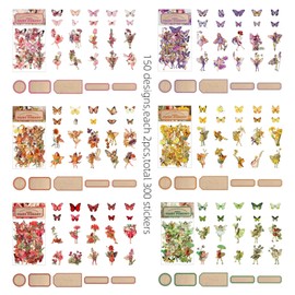Vintage Flower Fairy Stickers 300Pcs Lot,Belebee 6 Packs Butterfly Angel PET Sticker for Scrapbooking Junk Journaling Paper Art Crafts Project Planner Album Diary Phone Cases Laptop