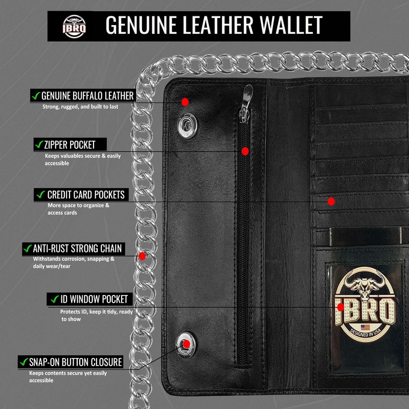IBRO Motorcycle Chain Wallet for Men – Premium Cowhide Leather,