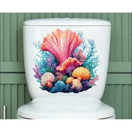 Underwater World Coral Shell Toilet Cover Sticker Decals,Coral Seaweed Waterproof Toilet Lid Tank Seat Decals Cistern Self-Adhesive Bathroom Wall Sticker