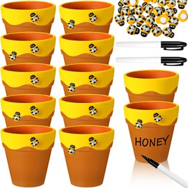 Leinuosen 12 Pcs Honey Bee Pot, 3 Inch Honey Jars for Cupcake, Party Favor, Planter, Bee Themed Party Favor for Baby Shower 1st Birthday Party Decoration and Wedding Favors (Yellow and Brown)