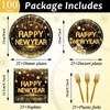 Qyeahkj 100pcs Happy New Year Black and Gold Party Tableware