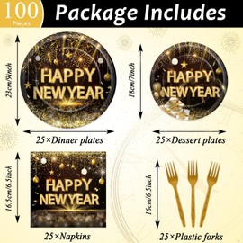 Qyeahkj 100pcs Happy New Year Black and Gold Party Tableware Set 2025 New Year's Eve Disposable Paper Decorations Supplies NYE Dinner Dessert Plates and Napkins Forks for 25 Guests