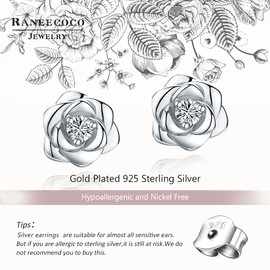 White Gold Plated Sterling Silver Rose Flower Earring Studs, Hypoallergenic & Nickel Free Earrings for Women