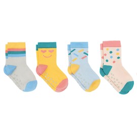 Ten Little Kids Organic Cotton Crew Socks, 4-Pack for Toddler Boys & Girls, Colorful with Non-Skid Grips, Size Small, Celebration