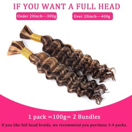 Human Braiding Hair for Boho Braids Highlight Deep Wave Bulk Human Hair for Braiding 14 Inch 2 Bundle 100G P430 Wet and Wavy Curly Ombre Bohemian Hair Extensions No Weft Bundles