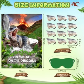 Faccito Pin Tail on Dinosaur Birthday Games Dino Party Decorations Large Poster with 24 Dino Tails Stickers Blindfold Pin The Tail Games for Dinosaur Birthday Party Decorations Activities Supplies