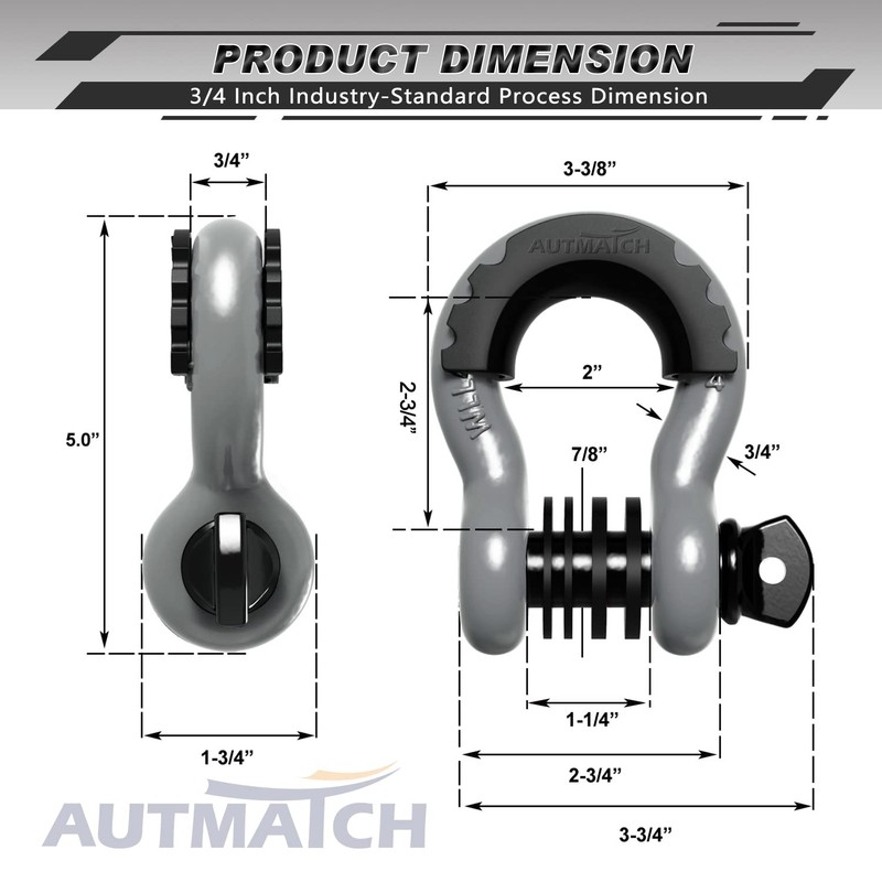 AUTMATCH D Ring Shackle 3/4" Shackles (2 Pack) 41,887Ibs Break