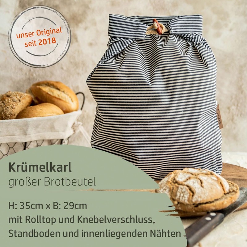 Kumanu Organic Beeswax Cloth Bread Bag Krummelkarl H 35 cm