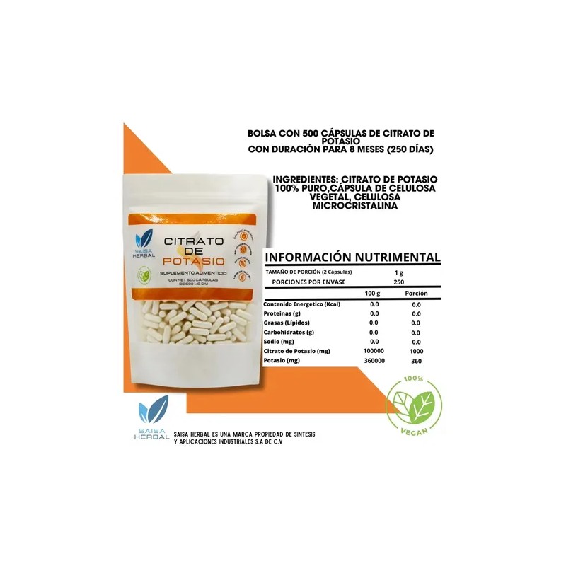 Citrato Magnesio Potasio 500 Cáps Vegana Sabor