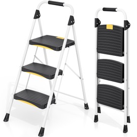 Urackify 3 Step Ladder, 800LBS Folding Steel Step Stool with Safety Lock, Anti-Slip Wide Pedals, Handrail, Heavy Duty Home Portable Ladder for Multi-Purpose, Indoor, Workshop, Kitchen, Pantry, Office