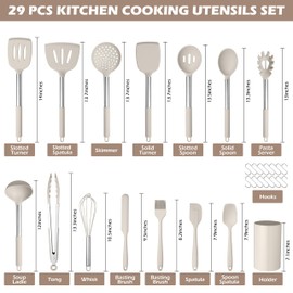 HaWare 29 PCS Silicone Cooking Utensils Set, Heat Resistant Kitchen Utensils Set with Stainless Steel Handle, Spatula Sets with Holder and Hooks, Kitchen Tools Gadgets for Nonstick Cookware -Khaki