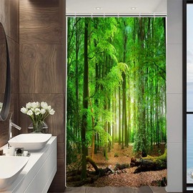 Uiiooazy Shower Curtain Forest, Shower Curtain Green Leaves Tree Landscape Shower Curtains Anti Mould Waterproof Polyester Fabric Washable Opaque Bathroom Curtain with 8 Hooks for Bathroom 120 W x 200