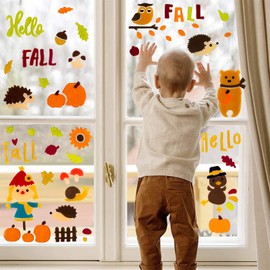 6 Sheet Fall Gel Window Clings for Glass Windows, FallThanksgiving Clings Gel Stickers,Hello Fall Leaves,Pumpkin for Autumn Holiday Window Decor