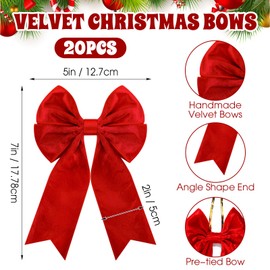Glitinsel 20 Pcs Red Velvet Bows for Christmas Tree 5 x 7 Inch Premade Christmas Red Bow with Twist Tie Wide Xmas Rustic Bow Ornament for Cabinet Wreath Banister Home Door Party Decoration