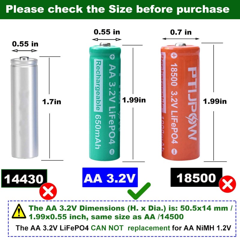 PTIJPOW AA 3.2V LiFePo4 650mAh Solar Battery, AA 3.2V Lithium