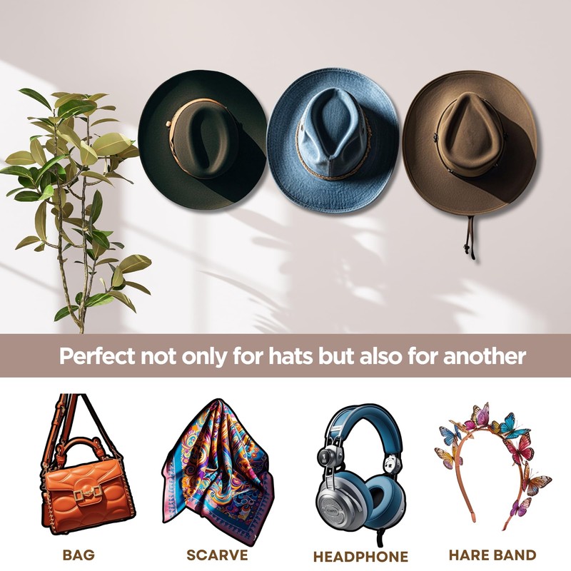 YJKRUJSE 3 Inch Adhesive Hat Hooks for Wall(10-Pack), Cowboy Hat